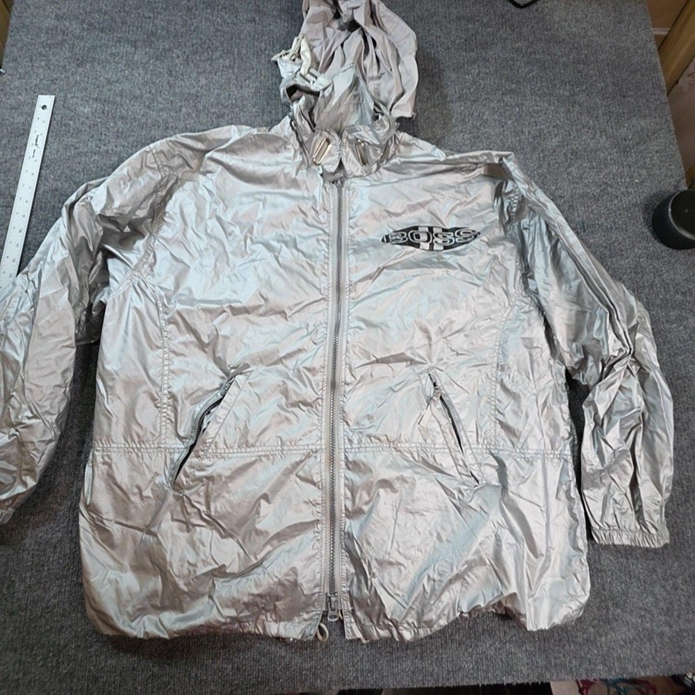 Boss Jacket Mens XL Silver Nylon Hooded Windbreaker Full Zip Logo Hi Tech Style